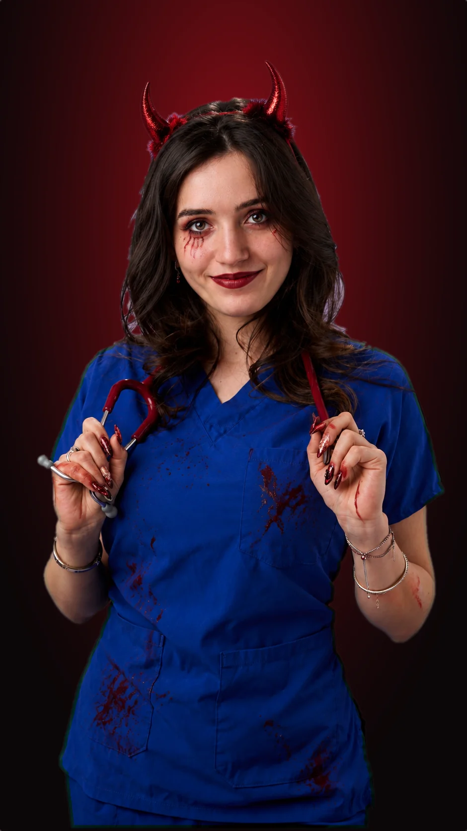 Bianca, unul dintre fondatorii SIMEDRA, în scrubs albastru cu stetoscop, în costum de Halloween